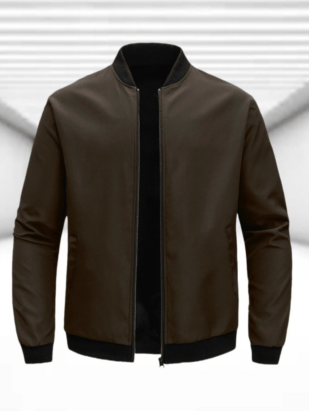 Coffee Brown Casual Men's Slim Fit Baseball Jacket w/Stand Collar Zip-Up